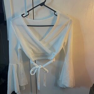SHEIN White Bell Sleeve Wrap Blouse